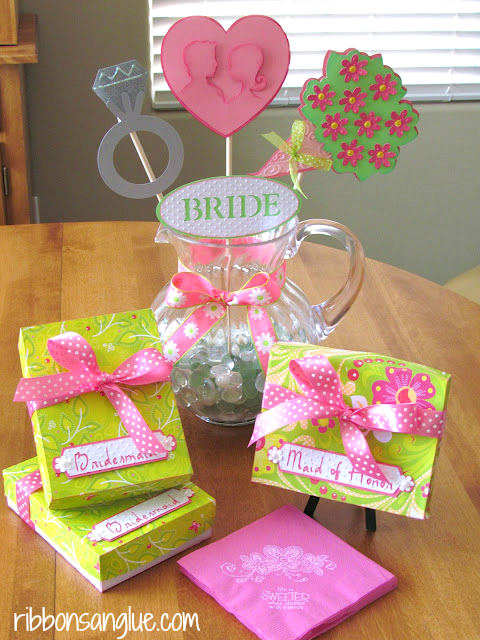 Bridal Luncheon Tablescape.  Napkins, centerpiece and gift boxes all for those special Bridemaids