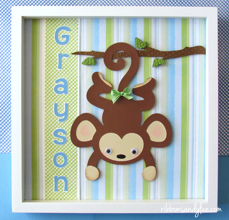Personalized Monkey Shadow Box made with Cricut die cutting machine . 12 x 12 picture frame displays Monkey die cuts. 