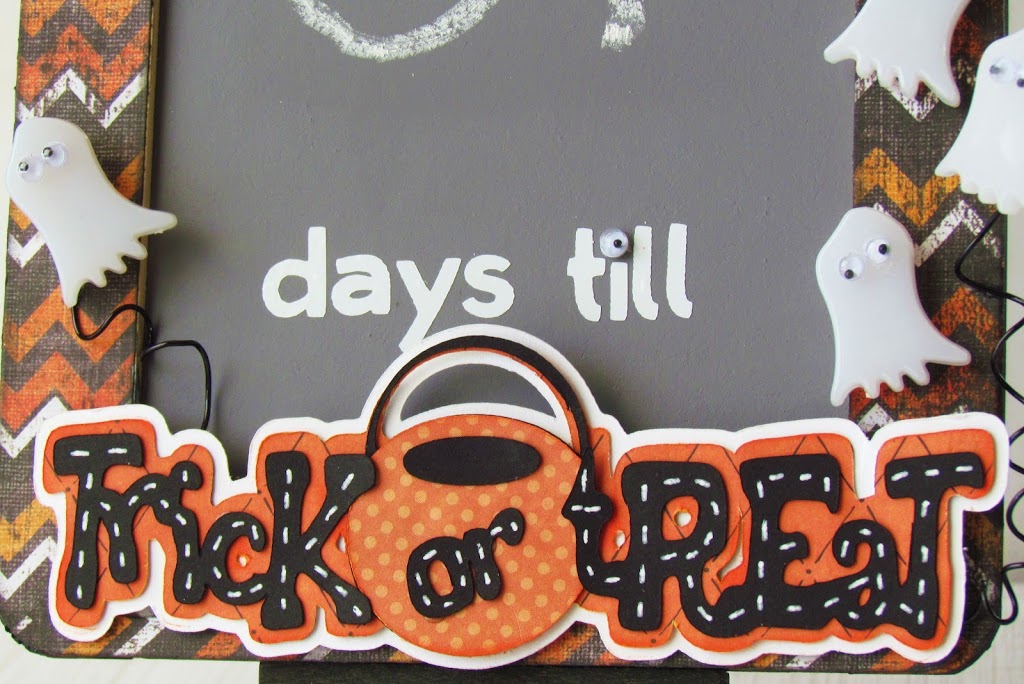 Countdown to Halloween by making this  Trick or Treat Countdown out of a small chalkboard embellished with Halloween die cuts 