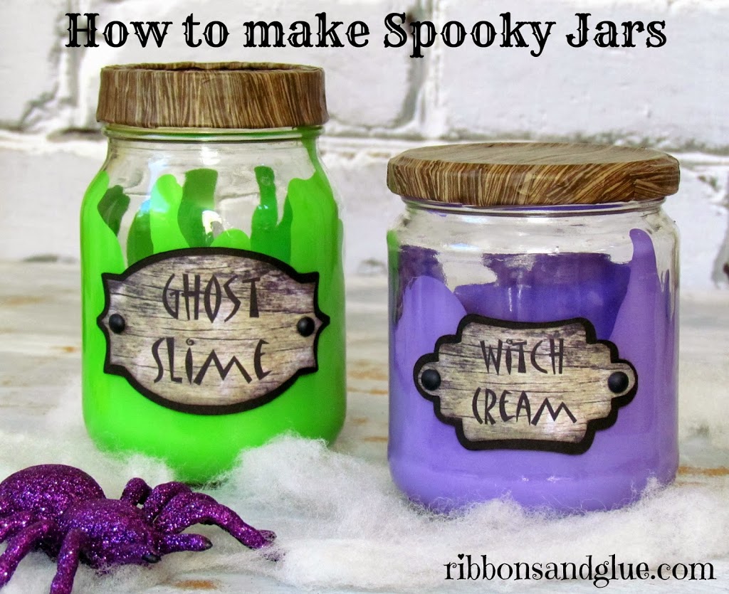 How to make Spooky Halloween Jars from up-cycled jars, paint and spooky labels. Easy Halloween DIY craft. 