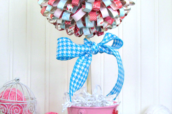 Valentine's Paper Ribbon Topiary. Tutorial on how to make paper ribbons out of scrapbooking paper, hot glue on to foam ball to make beautiful tipiary.