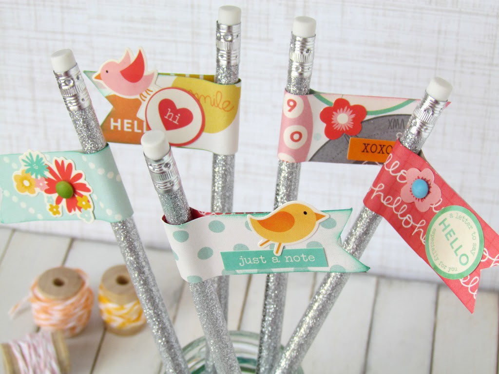 How to make easy Whimsical Pencil Toppers with scrapbooking paper and stickers. Such a cute teacher gift idea! 