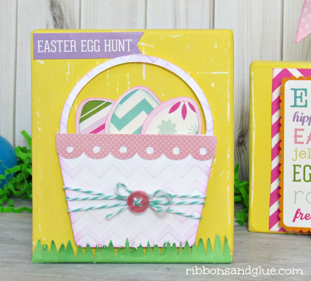 DIY Wood Easter Block made from painted wood blocs decorated with Easter scrapbooking paper and Silhouette cut file