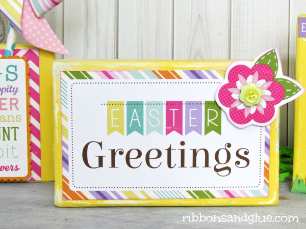 DIY Wood Easter Block made from painted wood blocs decorated with Easter scrapbooking paper
