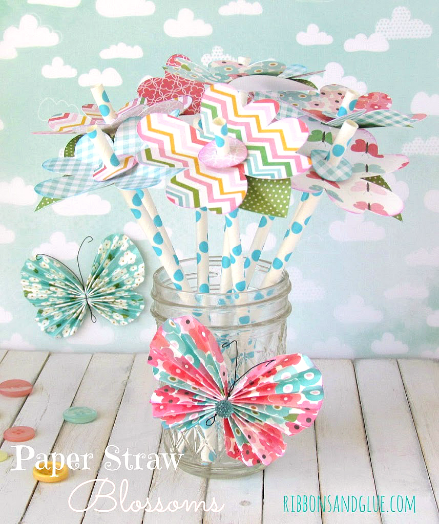 Pretty Paper Straw Blossoms made with paper flowers adhered on to paper straws. Simple and pretty table centerpiece idea. 