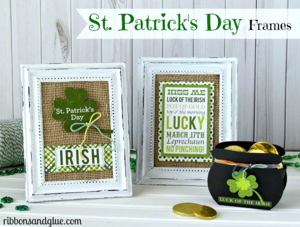 St. Patrick's Day Frames made with painted dollar store frames, burlap and scrapbooking paper. Easy St. Patrick's Day home decor craft. 
