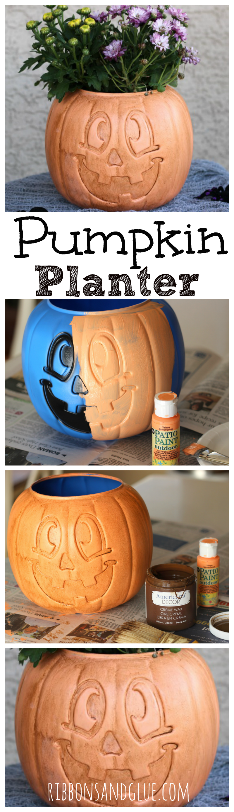 DIY Pumpkin Planter made from a plastic trick or treat bucket painted with a fauz terracotta finish. Easy Halloween DIY project! 