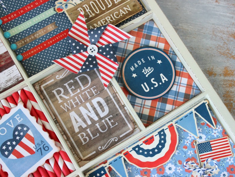 Celebrate 4th of July with a DIY Patriotic Memory Tray made with patriotic scrapbooking paper and embellishments 