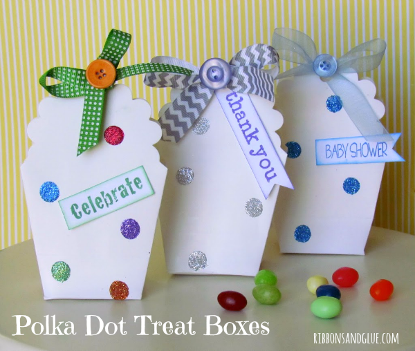 DIY Polka Dot Treat Boxes made with Glue Dots and glitter.   Such an quick and easy party gift idea.  