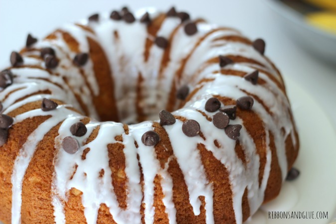 Add a Simple Icing and chocolate chips on to a Banana Bundt Cake
