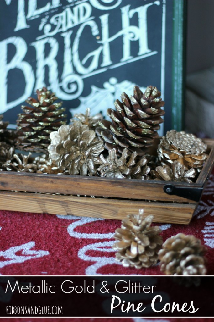 DIY Glitter Glam Pine Cones. All you need is glitter and mod podge. These rustic pine cones look great on a Rustic Glam Christmas Front porch too. 