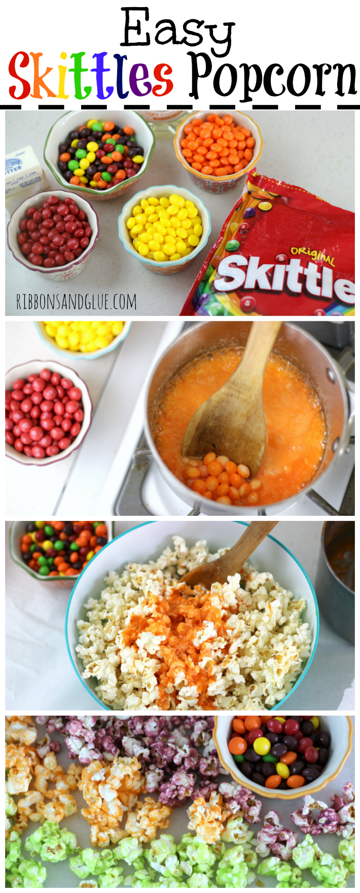 How to make Skittles Popcorn. Skittles candy melted on popcorn taste just like the flavor color! So easy to make and super yummy! 