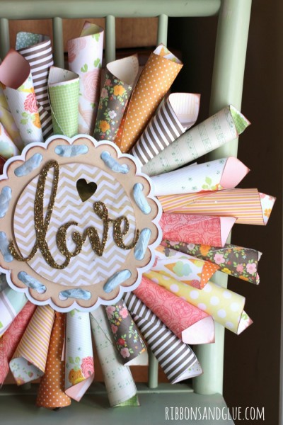 Pretty Paper Cone Love Wreath made from scrapbooking paper and gold glitter die cut. Makes such a pretty everyday statement!! 