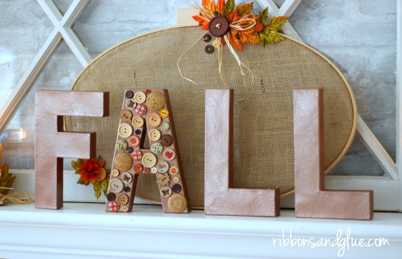 Fall Button Letters made from spray painted paper mache letters and wood buttons 