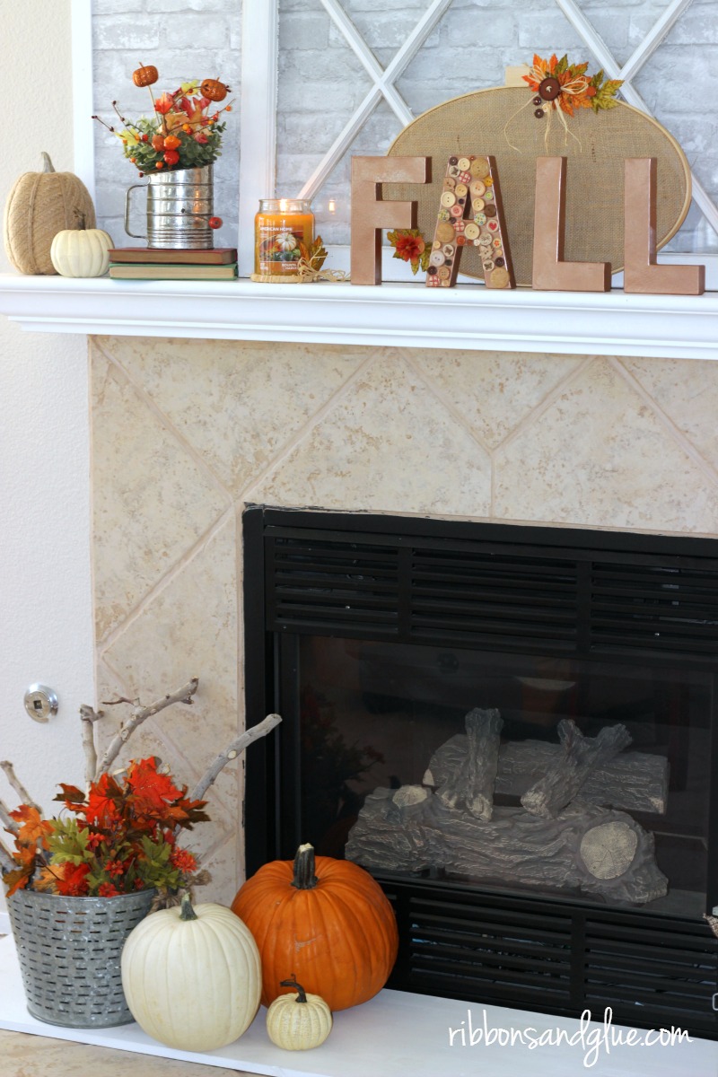 Fall Embroidery Hoop Mantel. Decorated with burlap embroidery hoops, Fall paper mache letters, pumpkins and Yankee Candle fragrances. . #LoveAmericanHome #cbias #walmart #ad