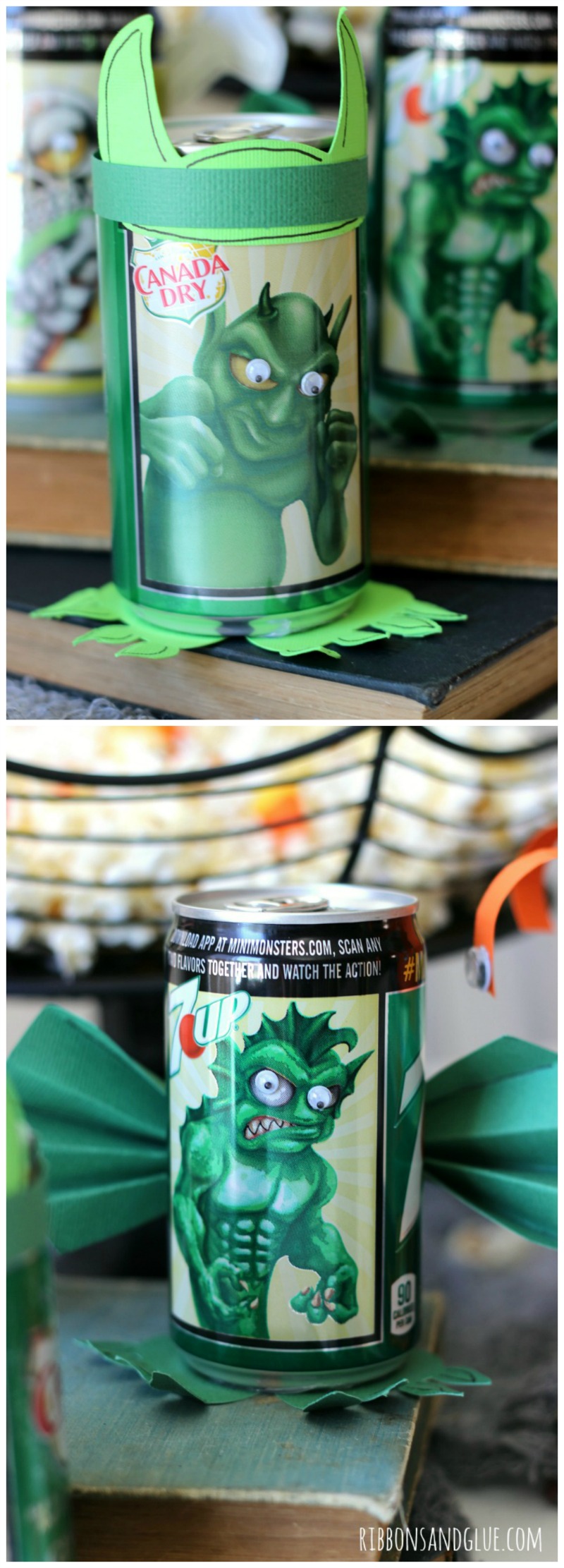 Halloween Mini Monster Soda Cans. Make the monsters come alive on Halloween Soda cans with googly eyes, fur, paper and fur. Fun Halloween Party activity.