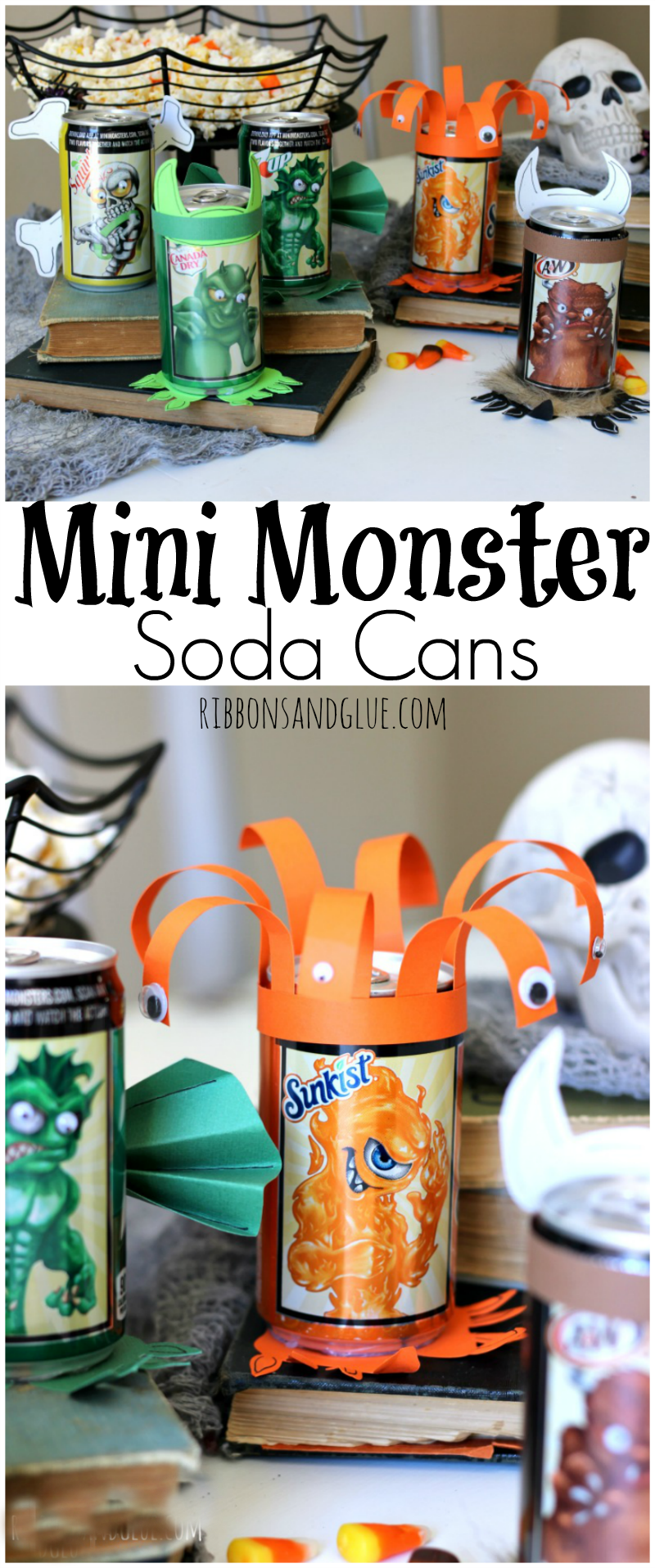 Halloween Mini Monster Soda Cans. Make the monsters come alive on Halloween Soda cans with googly eyes, fur, paper and fur. Fun Halloween Party activity. #WalmartMonsters #MiniMonsters #ad