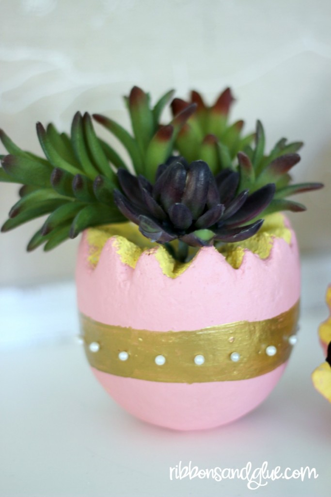 Easter Egg Succulent Planter made out of a foam egg and faux succulents 