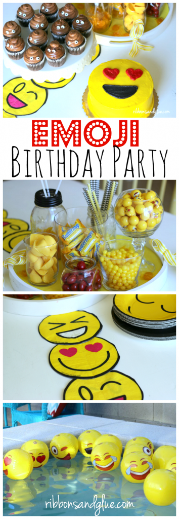 Emoji Birthday Party Table complete with emoji party decorations, yellow candy, DIY table runner and Poop emoji cupcakes
