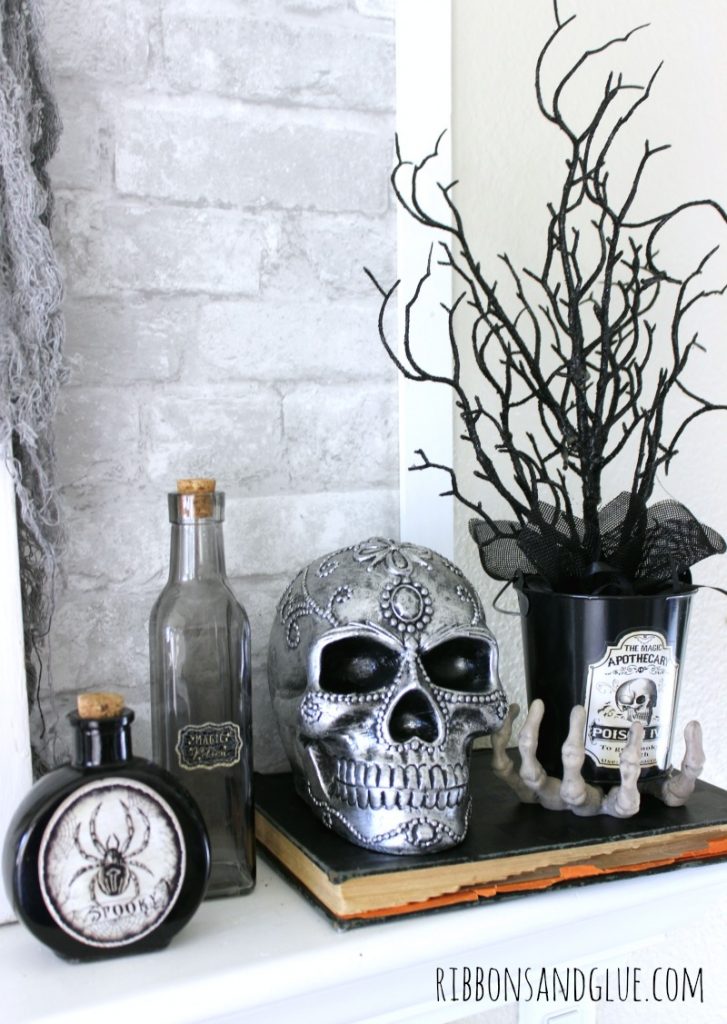 Decorative Halloween Skulls on Halloween Mantel